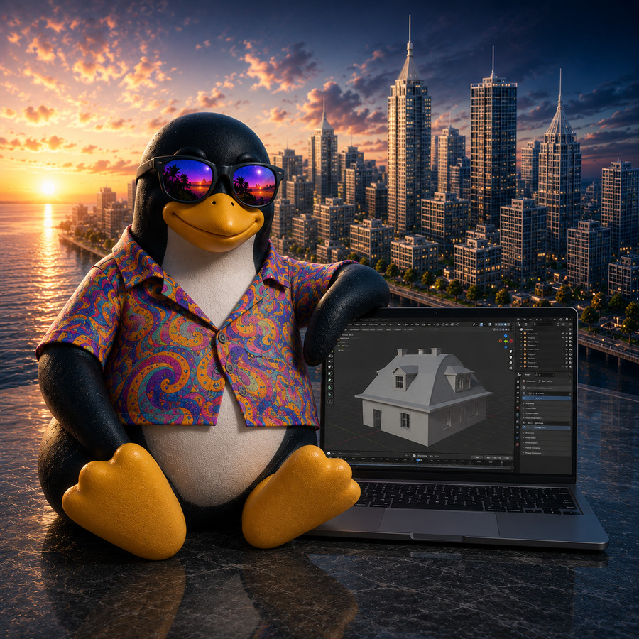 Illustration of a Linux penguin wearing sunglasses and a colourful shirt, leaning on a laptop displaying the Blender interface in front of a cityscape.