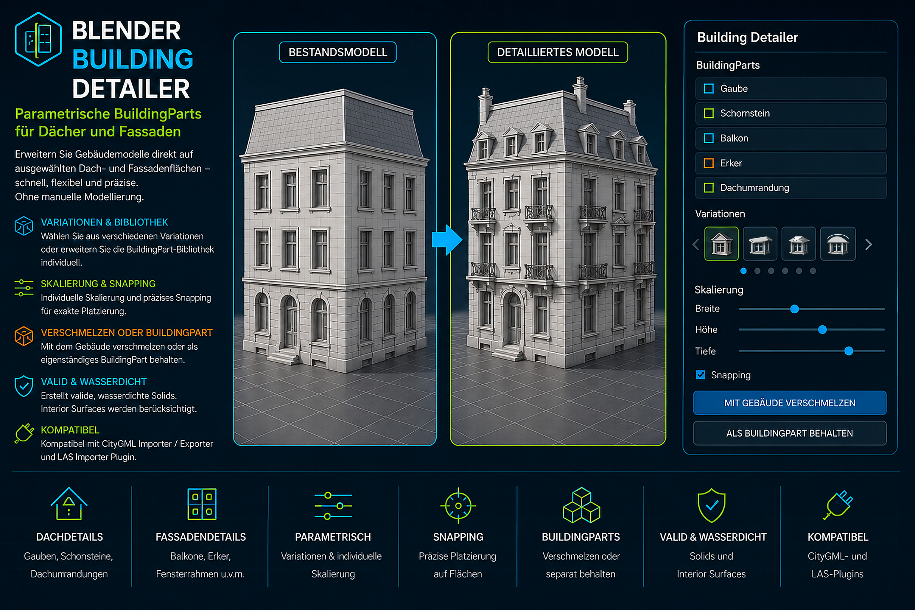 Schematische Darstellung des Blender Building Detailers mit parametrischen Varianten, Platzierung, Snapping und semantischer Finalisierung