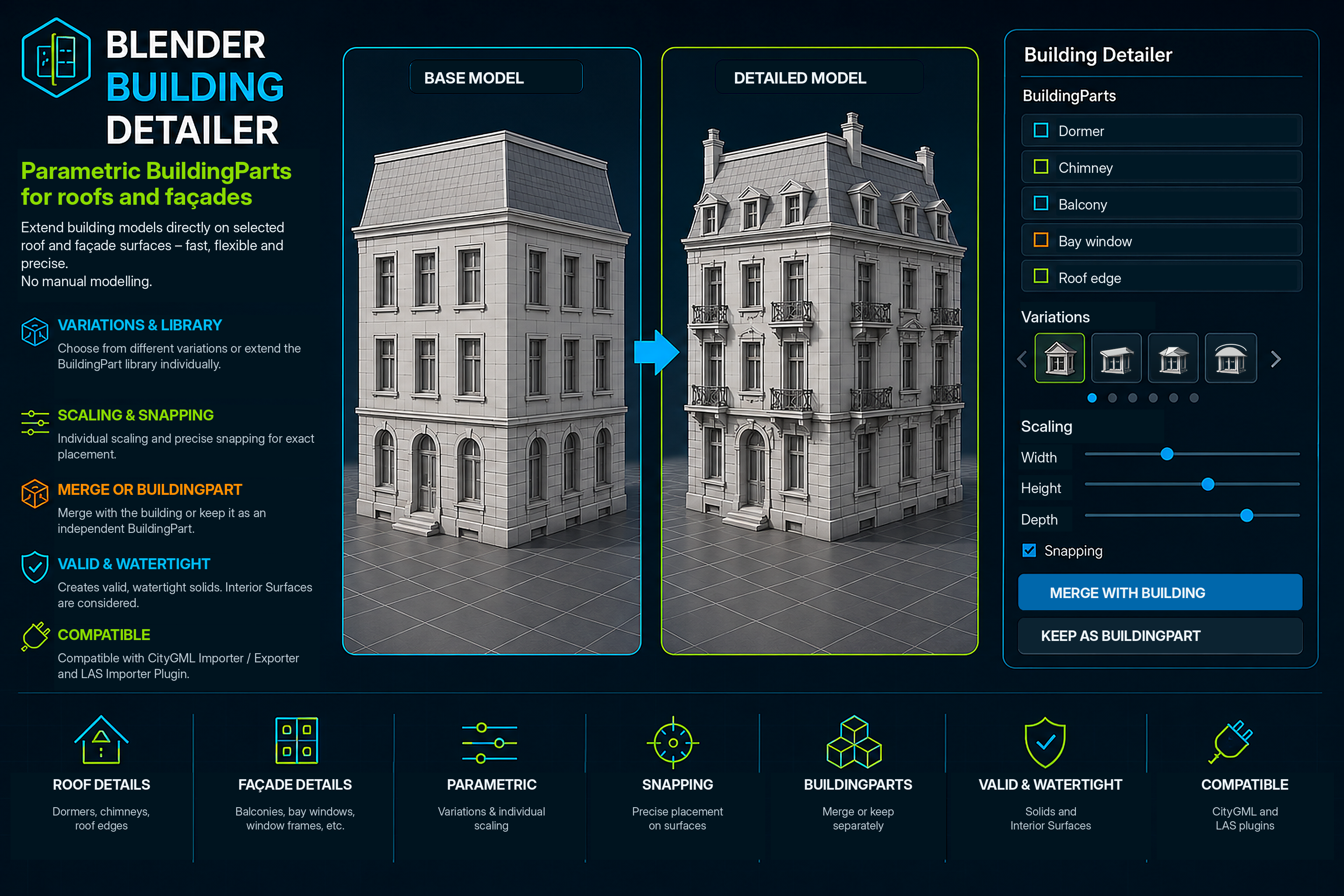 Schematic presentation of the Blender Building Detailer with parametric variants, placement, snapping and semantic finalisation