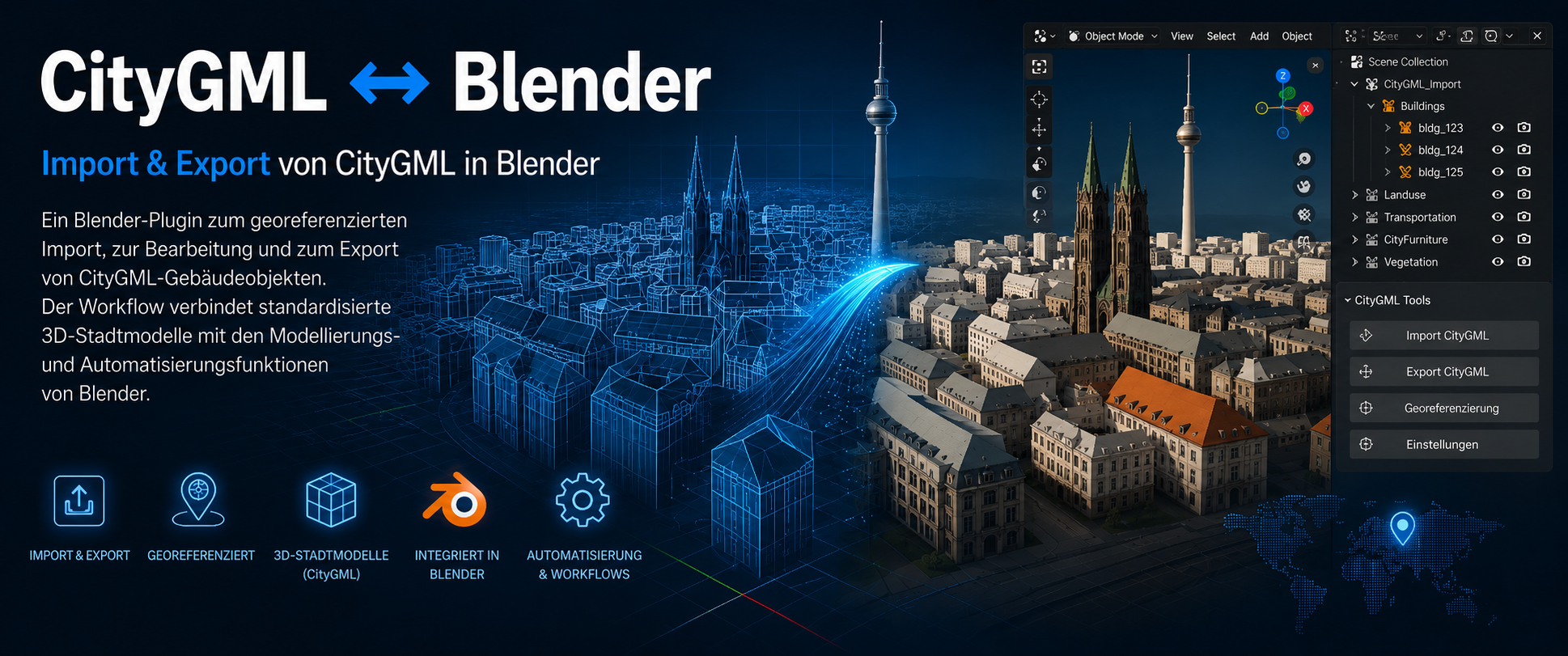 Visualisierung des georeferenzierten CityGML-Imports und -Exports zwischen einem digitalen Stadtmodell und Blender