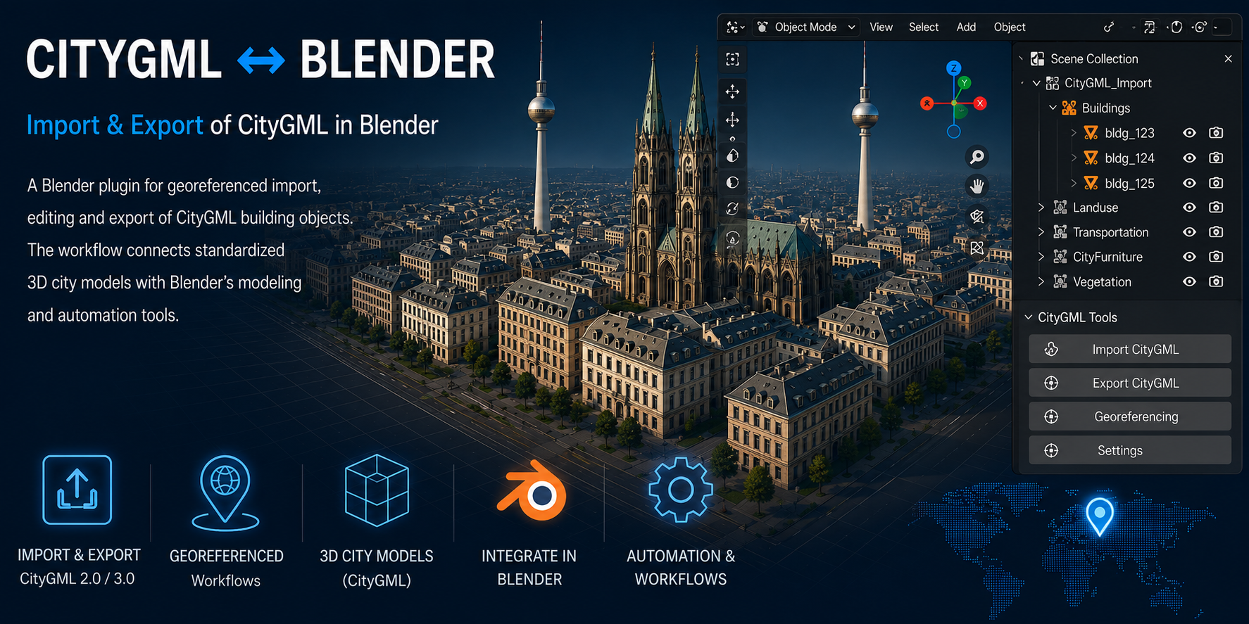 Visualisation of georeferenced CityGML import and export between a digital city model and Blender