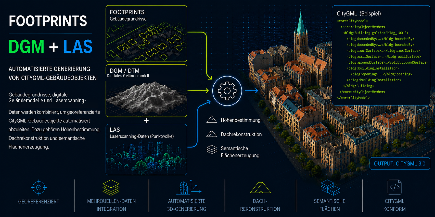 Schematische Darstellung der Ableitung von CityGML-Gebäuden aus Gebäudegrundrissen, digitalen Geländemodellen und LAS-Punktwolken