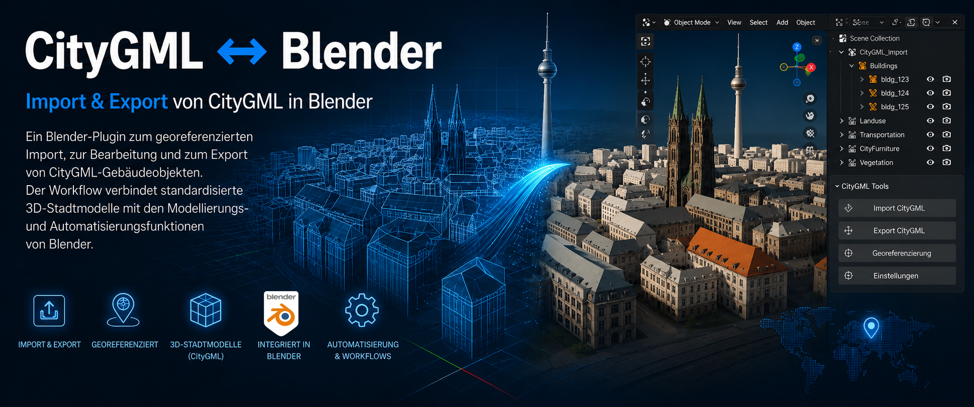Schematische Darstellung des georeferenzierten CityGML-Imports und -Exports zwischen einem digitalen Stadtmodell und Blender
