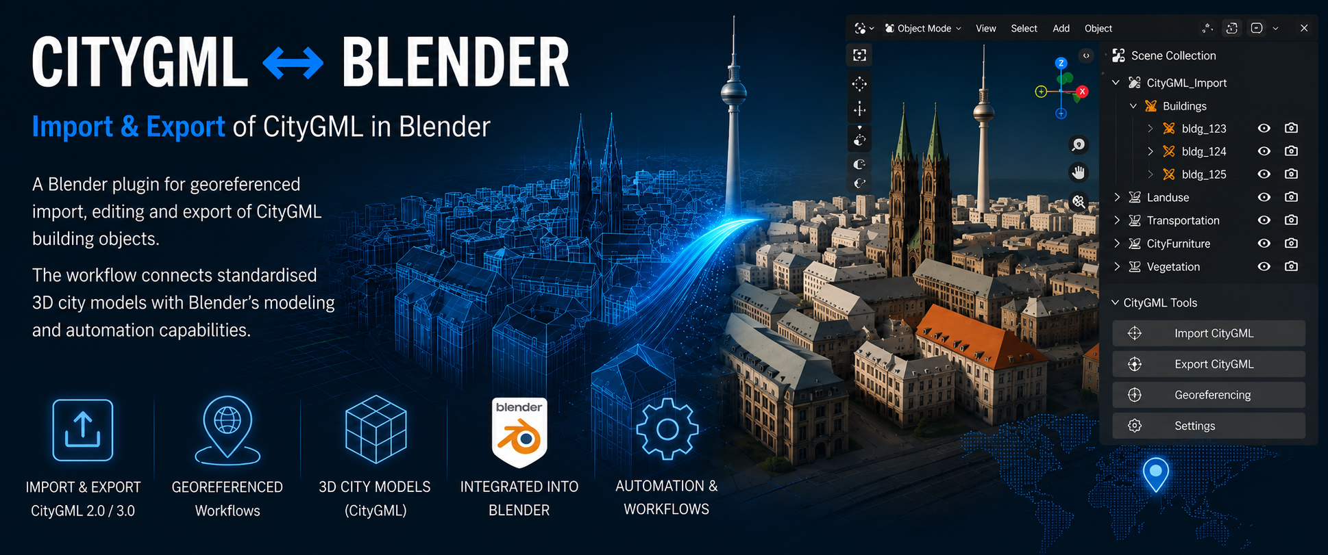 Schematic presentation of georeferenced CityGML import and export between a digital city model and Blender